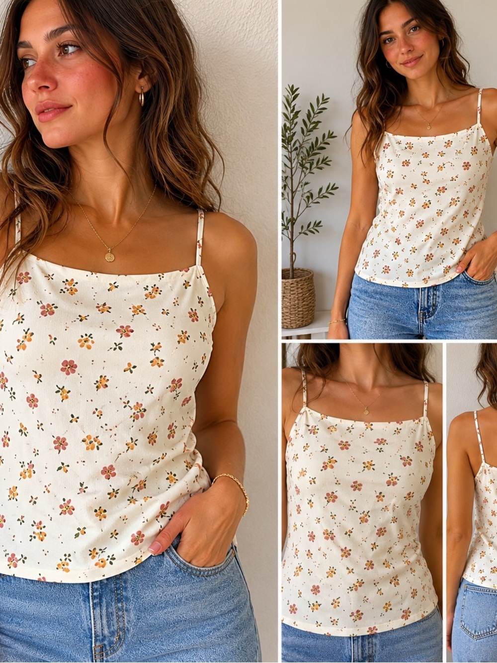 Reformation Floral Cami Top Cream Ditsy Print Spaghetti Strap Romantic Top size